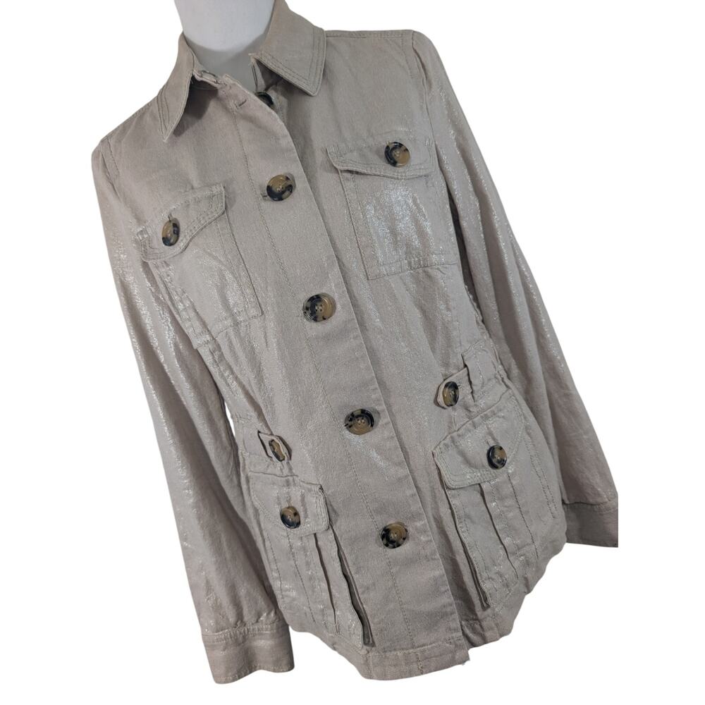 LIZ CLAIBORNE! LINEN & COTTON, TAN WITH GOLD SHIMMER UTILITY JACKET, BLAZER! S